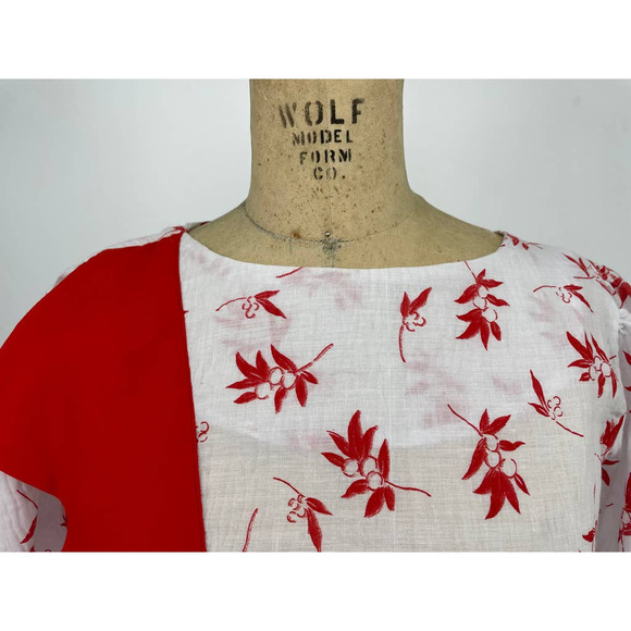 Vintage White Red Cherry Blossom Print Asian Inspired Knee Dress Large - Picture 5 of 7